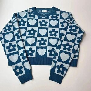 Debut Heart and Flower Blue Cropped Crewneck Sweater Size Large